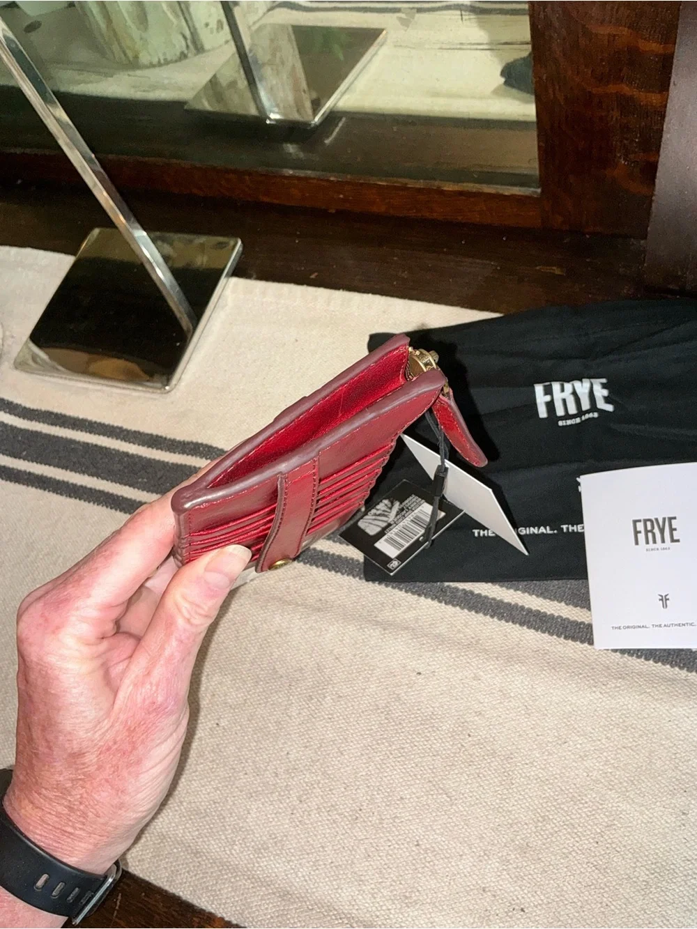 NWT Frye Melissa Leather Snap Card Wallet Berry Lacquer Red Retail $98